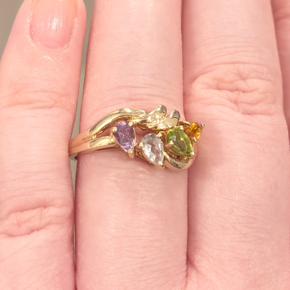 10K Rainbow Gemstone Ring, Swirl Aquamarine Peridot Citrine Amethyst Size 7.25 - Picture 6 of 13
